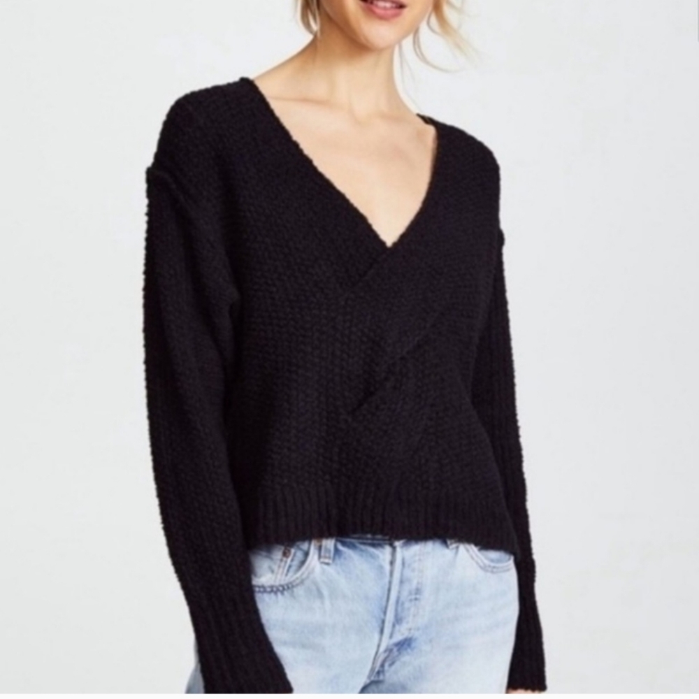 Free people black coco weave vneck sweater chunky knit M